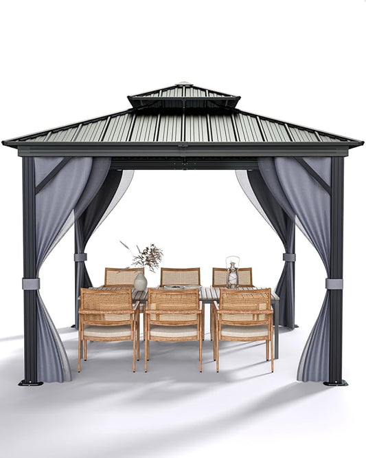 GarveeLife Hardtop Gazebo 10 ft x10 ft for All Weather, with Double Metal Roof, Aluminum Alloy Frame, Net, and Curtain, Permanent Building for Patio, Deck, Backyard, Lawn, and Garden