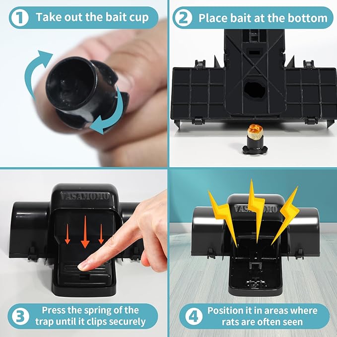 Large Rat Trap, Humane Dual-Entry Tunnel Traps for Rat, Mice & Chipmunks, Instant Kill Rodent Snap Trap with Sensitive Trigger and Powerful Jaws, for Both Indoor & Outdoor,Pack of 4