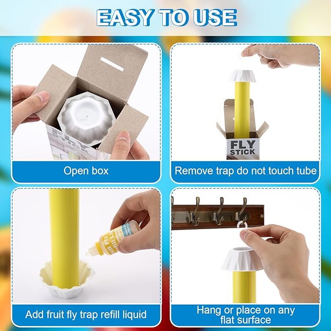 Qualirey 3 Pack Fruit Fly Trap Sticks for Indoors & Outdoor, Comes with 2 Pack Fruit Fly Trap Refill Liquid (0.68oz / Bottle), Non Toxic Hanging Sticky Flies Catcher Stick