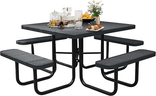 46Inch Square Picnic Table for 8 Person, Outdoor Heavy Duty Sturdy Picnic Tables with 4 Benches & Umbrella Hole, Commercial Metal Patio Picnic Table for Garden, BBQ, Coffee Store, Party, Porch (Black)