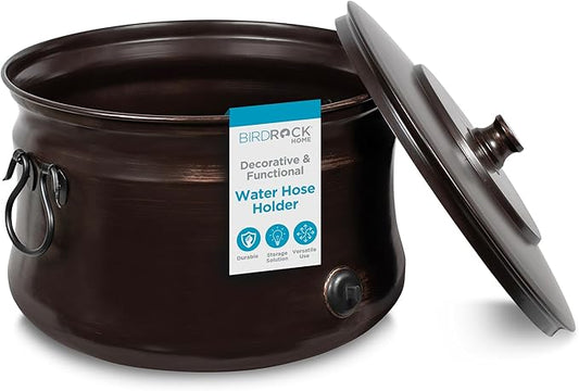 BIRDROCK HOME Water Hose Holder - Decorative Metal Pot, Indoor or Outdoor, Garden Storage Organizer, Patio Portable Bucket - Distressed Bronze, Holds up to 200ft Hoses, Large with Lid