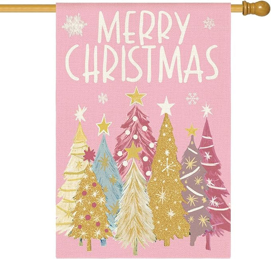 AVOIN colorlife Merry Christmas House Flag 28x40 Inch Double Sided Outside, Christmas Trees Winter Holiday Yard Outdoor Flag Pink
