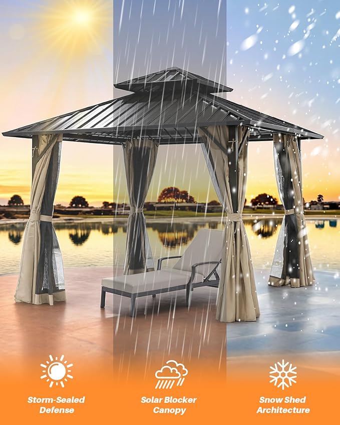 SEEHILL 10' x 10' Hardtop Gazebo, Aluminum Frame Outdoor Patio Gazebos with Netting and Curtains, Outdoor Gazebo Canopy, Patio Pergola with Double Steel Roofs for Backyard, Patio, Deck, Sandstone