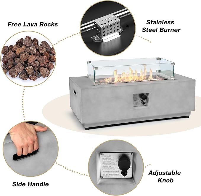 42inch Rectangle Concrete Fire Pit Table with Propane Tank Cover Wind Guard - 3 Piece Patio Firepits 50,000 BTU, Stainless Steel Burner Steel Lid Lava Rocks and Rain Cover