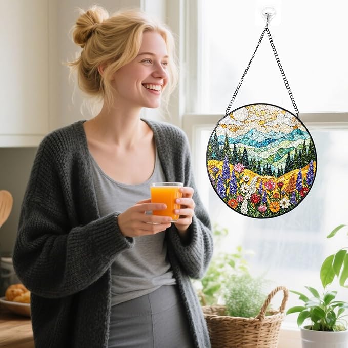 Stained Glass Window Hanging, Colorful Flowers Mountain Stained Glass Suncatchers Indoor Windows Glass Panel Garden Hanging Decor Birthday for Women 6.3 in