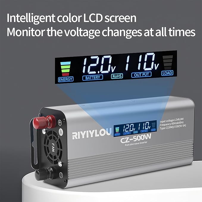 500W Pure Sine Wave Inverter (1000W Peak), 12V/24V Auto-Detect, 50Hz/60Hz Switchable, LCD Display, Type-C Fast Charging, Silent Design, Overload & Overheat Protection for RV, Home (500W)