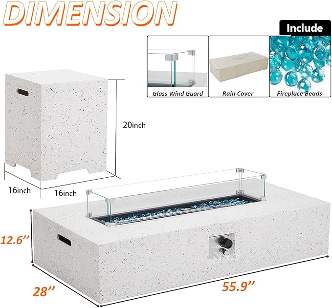 Outdoor Propane Fire Pit Table - 56" White Rectangle Terrazzo Finish Fire Table, Certified, 50000 BTU Stainless Steel Burner with Glass Wind Guard and Tank Table