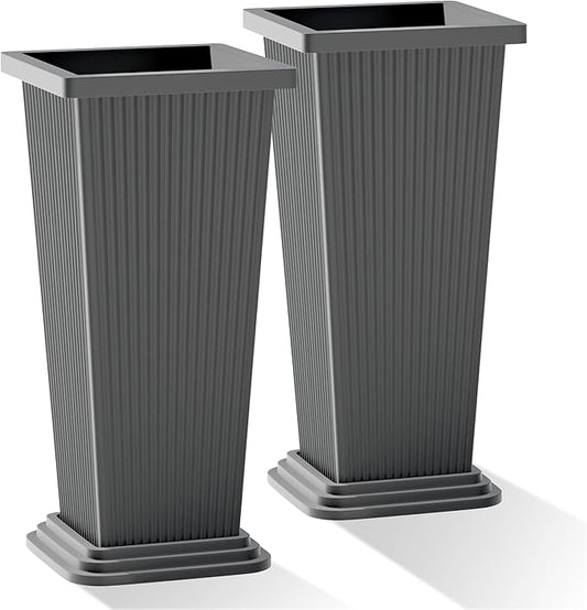 Set of 2 Tall Planters with Drainage Tray, 24 Inch Large Flower Pots for Indoor Outdoor Plants Mordern Planter Weather-Resistant for Patio, Front Door Decor, Garden (Gray Ribbed)
