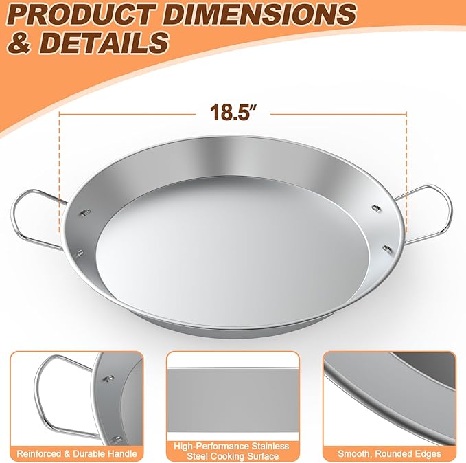 Stainless Steel Paella Pan with Handles, 18.5in Round Grill Griddle for TIKI Solo Stove Cuisinart Fire Pit Kamado Charcoal Grill Weber Kettle and More, Oven and Induction Safe for Indoor & Outdoor Use