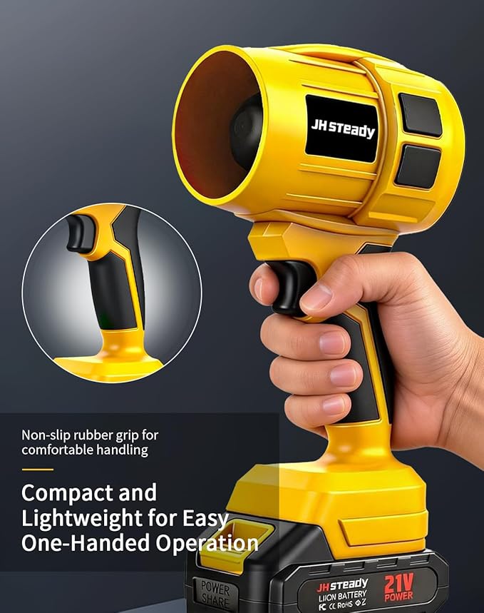 JH Steady 21V Cordless Handheld Leaf Blower- Variable Speed, 30000RPM Powerful Handheld Blower with Rechargeable Battery, Protective Gear for Home, Backyard, Driveway & Snow Removal