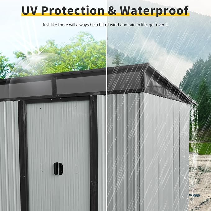 6X5 FT Outdoor Storage Shed, Waterproof Metal Garden Sheds with Lockable Door, Steel Tool Storage Buildings Shed & Outdoor Storage House for Garden, Backyard, Patio, Lawn, Trash Cans(White + Black)