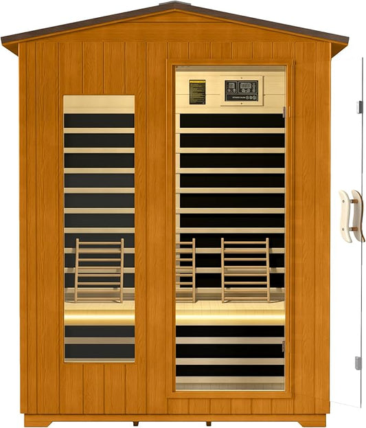 springspa Outdoor Infrared Sauna 3 Person for Home, 15amp Low EMF Far Infrared Spruce Wooden Sauna with Bluetooth,LCD Panel