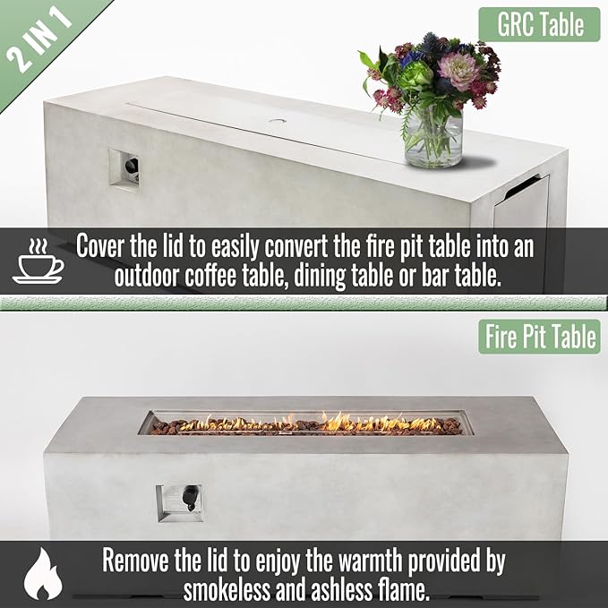 70 Inch Propane Fire Pit Table, Concrete Firepits for Outside, Rectangular Gas Fire Pit for Outside Patio, Backyard, Pool, 60,000 BTU, Free Lava Rocks, Light Gray