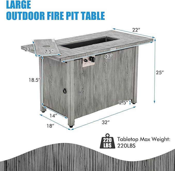 Tangkula 43 Inch Propane Fire Pit Table, Patiojoy 50,000 BTU Outdoor Gas Fire Table w/Wood Grain Tabletop, Hideaway Tank Storage, Lava Rocks, Rectangular Propane Firepit w/Waterproof Cover