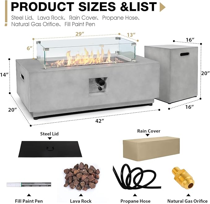 42inch Rectangle Concrete Fire Pit Table with Propane Tank Cover Wind Guard - 3 Piece Patio Firepits 50,000 BTU, Stainless Steel Burner Steel Lid Lava Rocks and Rain Cover