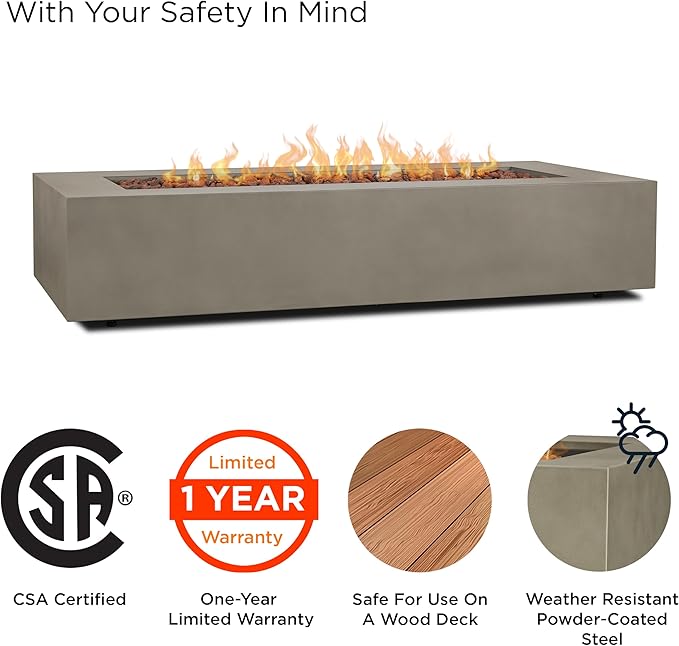 Real Flame Aegean 70in Rectangle Propane or Natural Gas Fire Pit Table, 65,000 BTU, Powder-Coated Steel, Push-Button Ignition, CSA Certified, Lava Rock, Storage Cover, Stainless Steel Burner with Lid