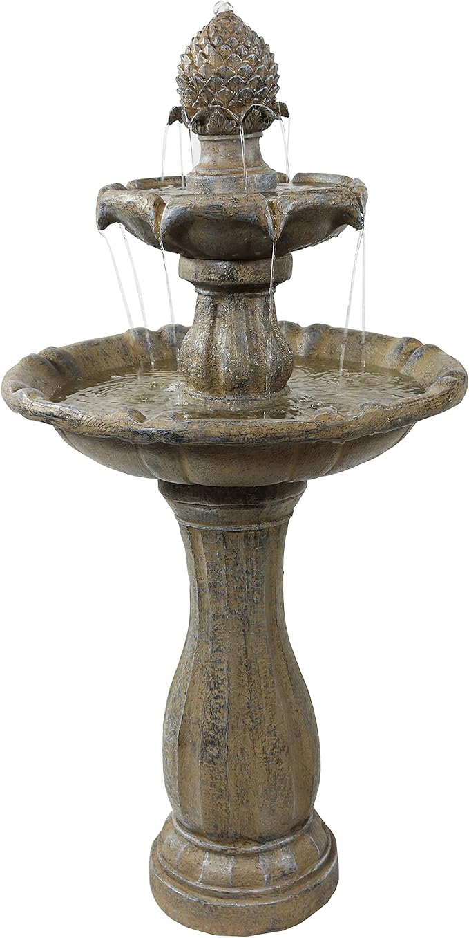 Sunnydaze Pineapple 46-Inch 2-Tier Outdoor Solar Fountain - Decorative Water Fountain with Pump for Garden, Patio, Yard or Balcony - Earth Finish