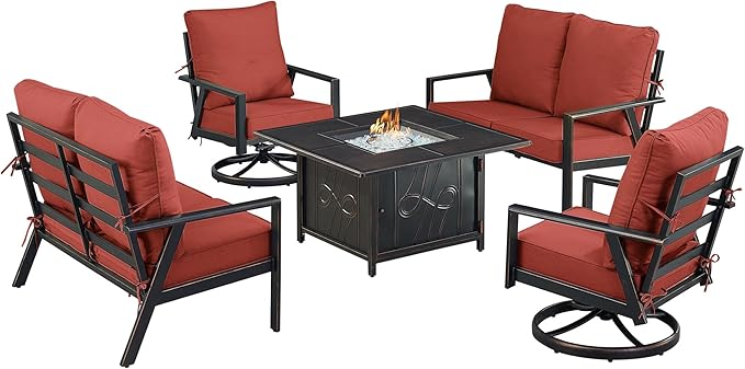 Oakland Living Black Aluminum Patio Fire Table Set with Two Deep Seating Loveseat with Cushions and Two Club Chairs with Red Cushions