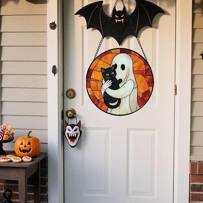 CRISGIF Stained Glass Window Hanging - Halloween Decorations White Ghost Black Cat Suncatcher for Doors Garden Spooky Funny Orange Sun Catchers Gothic Decor Horror Gifts for Women Men Friend 9.8 in