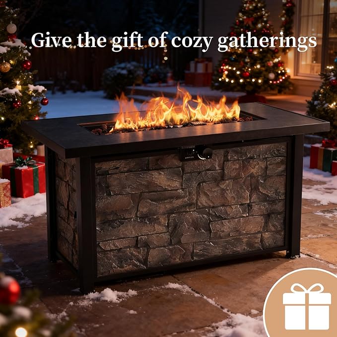 48'' Propane Fire Pit Table for Outdoor, Ceramic Tabletop & Polyresin Natural Stone Base, 50000 BTU Gas Fire Pit Table for Outside Patio and Garden, with Lava Rock