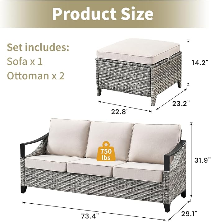 Outdoor Patio Furniture Sofa Set - 3 Pieces PE Wicker Patio Furniture Section Couch with Multifunctional Ottoman, All Weather Patio Conversation Set for Deck Balcony Garden Gray/Beige