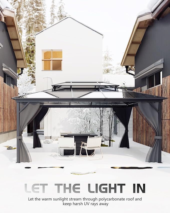 GarveeLife 12 ft x16 ft Hardtop Gazebo for All Weather, Double Polycarbonate Sheets Roof, Aluminum Alloy Frame, Net, and Curtain, Permanent Building for Patio, Deck, Backyard, Lawn, and Garden