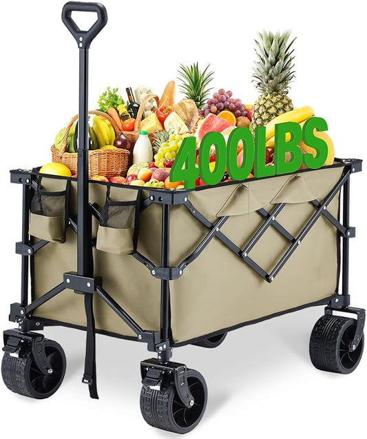 Bezseller Collapsible Wagon 400lbs, Wagons Carts Foldable, Beach Carts with Big Wheels for Sand, Heavy Duty Wagon, Utility Folding Cart with All-Terrain Wheels, Garden Carts Sports Beach, Khaki