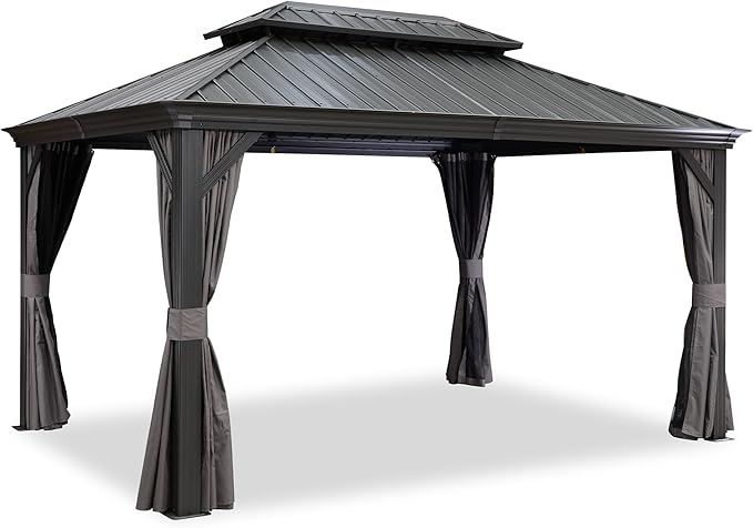 PURPLE LEAF 10' X 13' Hardtop Gazebo Aluminum Permanent Gazebo with Galvanized Steel Double Roof for Patio Lawn and Garden, Curtains and Netting Included, Grey