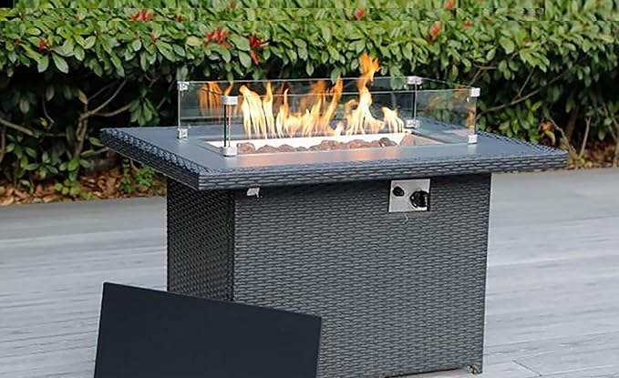 Fully Assembled 11 Piece Ohana Outdoor Patio Furniture Black Wicker Gray Olefin Cover Conversation Set with and 42-inch Propane Gas Fire Table