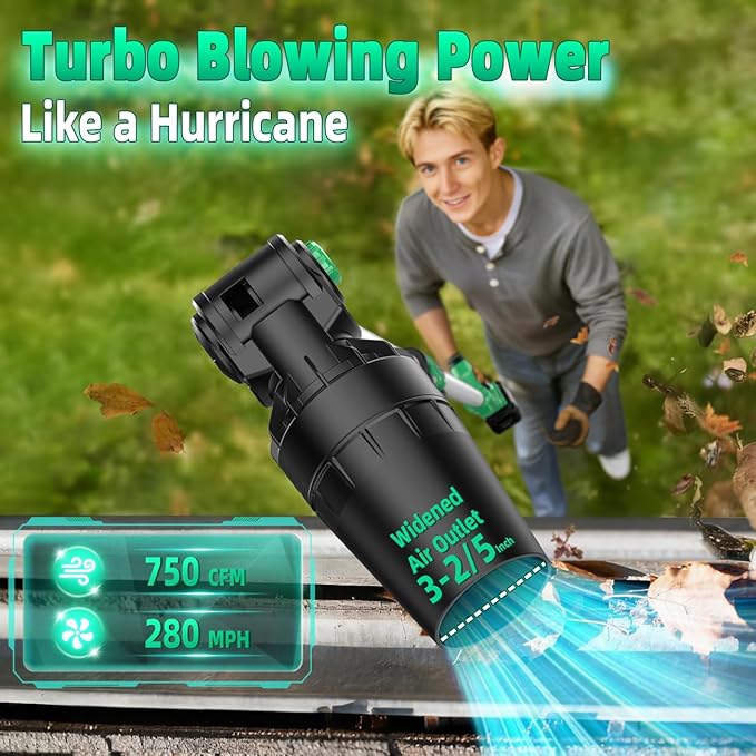 KIMO Leaf Blower Cordless with Battery and Charger, 310000RPM, 37Inch Telescopic Pole, 750CFM 280MPH, 3Speeds w/Smart Panel, Lightweight 2.5Lb, 2PCS 4000mAh Battery Operated Leaf Blower for Gutters