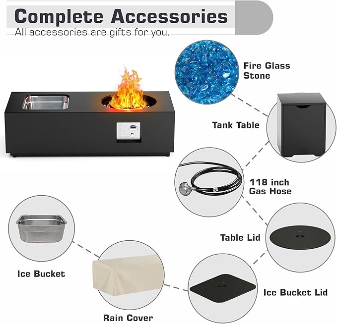 48 inch Propane Fire Pit Table with Ice Bucket, 2 in 1 Rectangular Outdoor Fire Pit with 20lb Tank Cover, Outside Patio Deck and Garden, Gas Fireplace Table with Lid and Stone