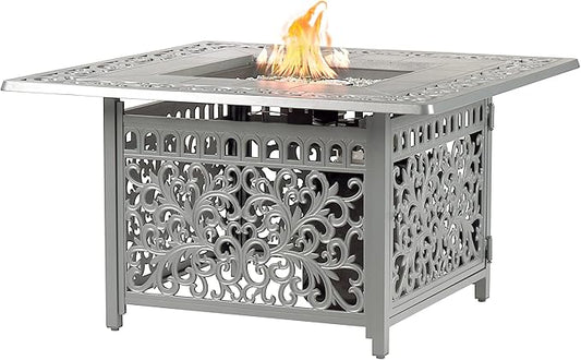 Oakland Living Square 42 in. x 42 in. Aluminum Propane Fire Pit Table with Glass Beads, Two Covers, Lid, 57,000 BTUs in Grey Finish