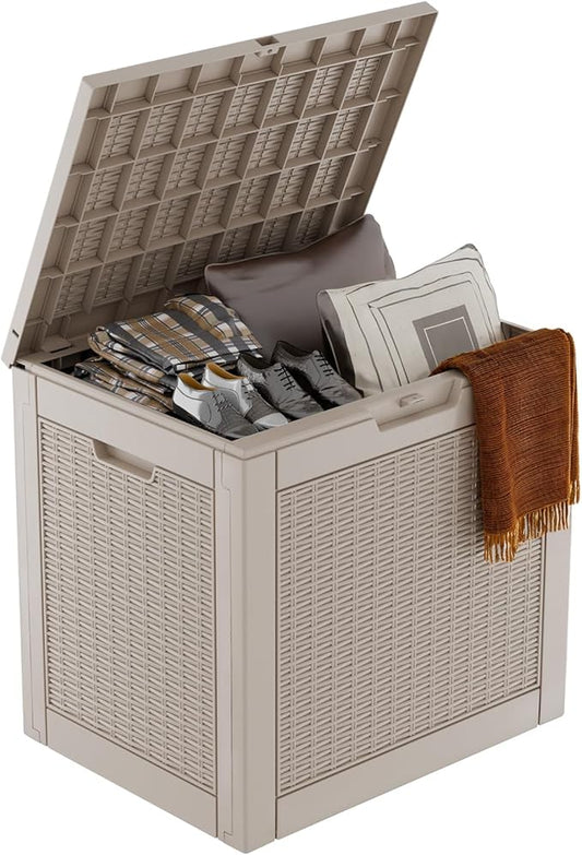 31 Gallon Deck Box Large Outdoor Storage for Patio Furniture,Outdoor Cushions,Garden Tools and Pool Supplies,Waterproof,Resin,Lockable(Grey)