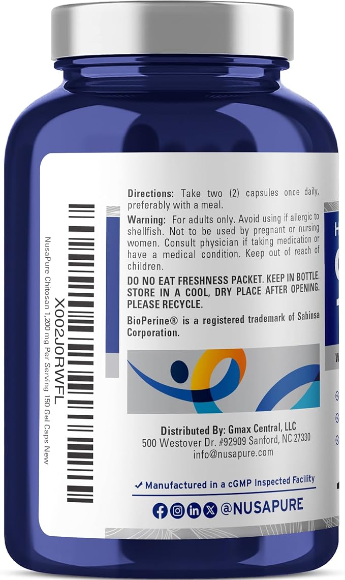 NusaPure Chitosan 1200mg 150 Caps (Non-GMO & Soyfree) with Bioperine