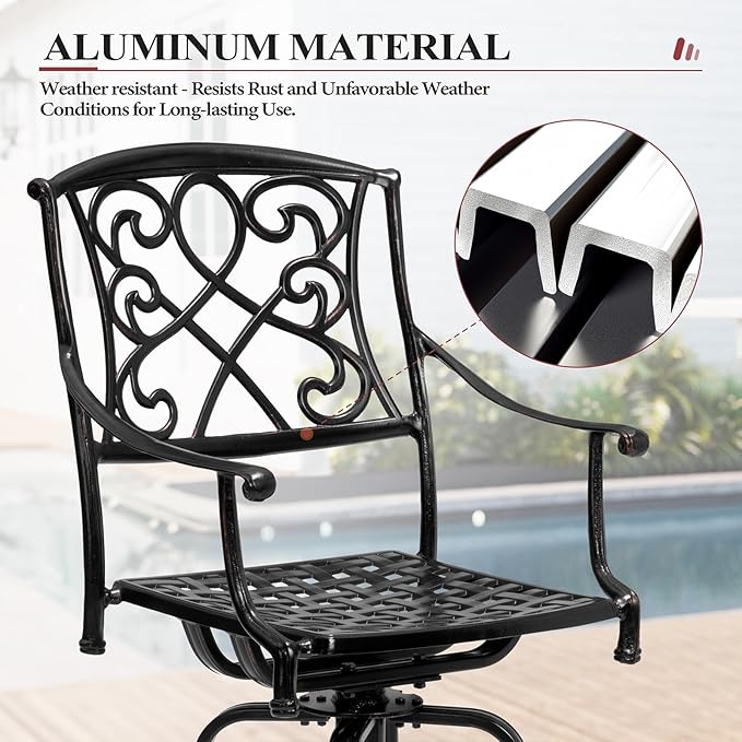 Crestlive Products Outdoor Bar Stools with Sunbrella Cushion Set of 4, 360° Swivel Patio Bar Height Chairs, All Weather Heavy Duty Commercial Grade Furniture, Antique Brown Finish for Outside (Beige)