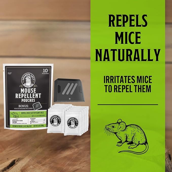 Grandpa Gus's Extra-Strength Mouse Repellent with Bonus Pouch Holder, Cinnamon/Peppermint Oils Repel Mice from Nesting & Freshen Air in Car/RV/Boat/Garage/Shed/Cabin, 1.75 Oz (10 Pouches)