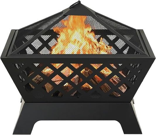 Zateety Fire Pit with Mesh Cover & Poker - 25.2" Fire Pits for Outside Wood Burning, Strong Thermal Conductivity Steel Firepit, Portable Patio Outdoor Warming Fireplace for Backyard & Gardern