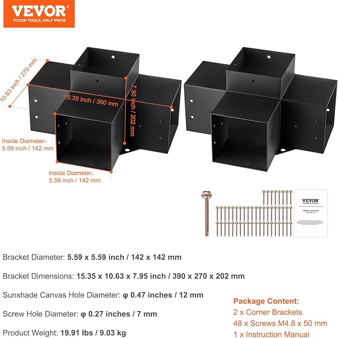 VEVOR Pergola Bracket Kit 6''x6''(Inner Size 5.6x5.6), 2pcs 4-Way Heavy Duty Corner Bracket Woodworks DIY Post Base Kit, Easy Installation Wooden Beams for Gazebos, Patio Pergolas, Log Cabin Outdoor