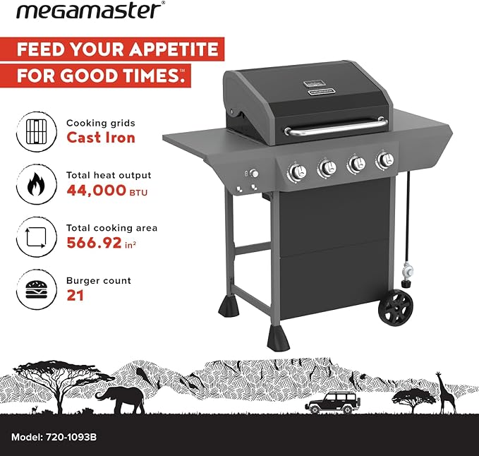 Megamaster 4-Burner Propane Gas Grill with Side Tables & 2 Hooks, 44,000BTUs, 566.92 sq.in Cooking Space, Perfect for Outdoor Cooking & Grilling, BBQs, Backyards, Tailgating, 720-1093B