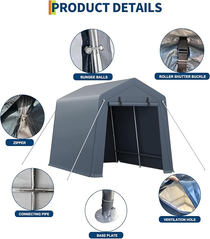 7 X 10 Ft Carport Portable Storage Shed Outdoor Tarp Sheds with Roll-Up Door, Bike Shed Storage Tent for Motorcycle, Garden Tools Gray