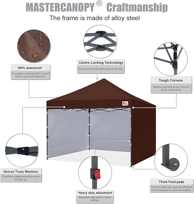 MASTERCANOPY Heavy Duty Pop-up Canopy Tent with Sidewalls (10x10,Brown)
