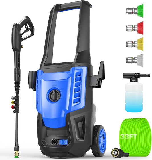 Professional Pressure Cleaner, Portable Power Washer with 4 QC Nozzles and Soap Bottle, Cleaner Machine for Cars/Home/Driveways/Patios/Decks/Fences, Blue