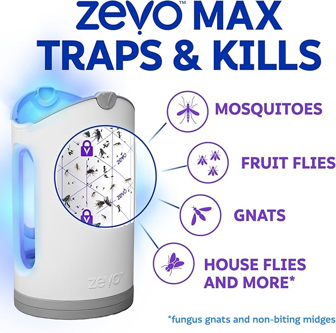 Zevo MAX Bug Catcher & Fly Trap for Indoors - Flying Insect Trap for Gnats, House & Fruit Flies - Use in Any Room - No-Mess Disposal (2 Plug in Bases & 4 Cartridges)