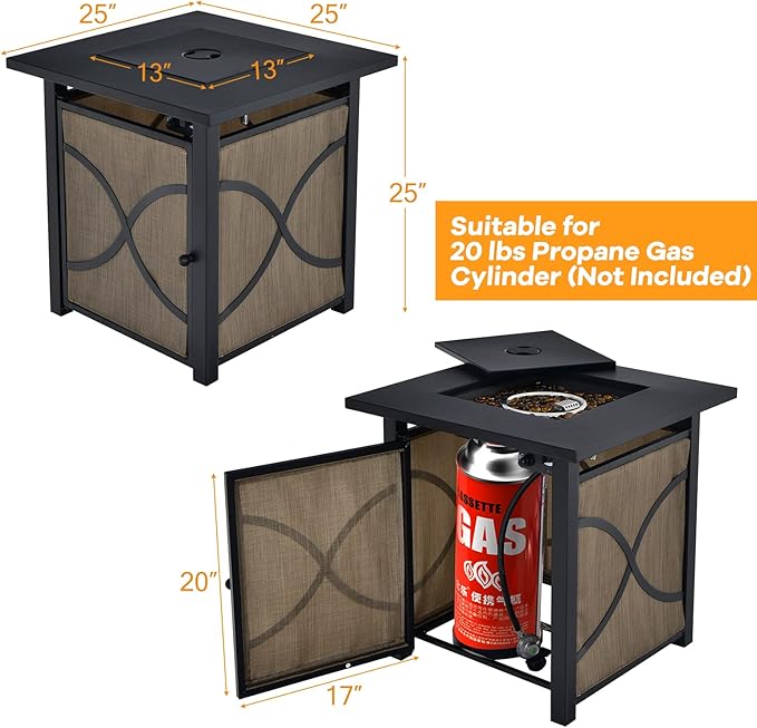 Giantex 25-Inch Propane Fire Pit Table, 40000 BTU Square Gas Firepit Table with Lid, Fire Glass and Adjustable Flame, CSA Approved, 2-in-1 Outdoor Fire Table for Patio and Garden
