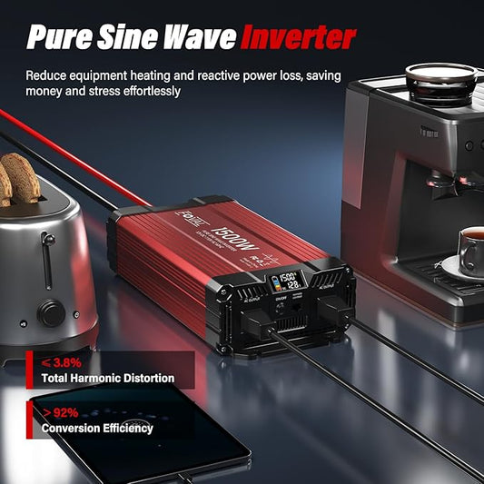 FOVAL 1500W Pure Sine Wave Inverter 12V DC to 110V AC Converter, 3000W Peak Power Inverter with LCD Display and 2 AC Outlets for Home, RV, Truck, and Off-Grid Solar System, Remote Controller