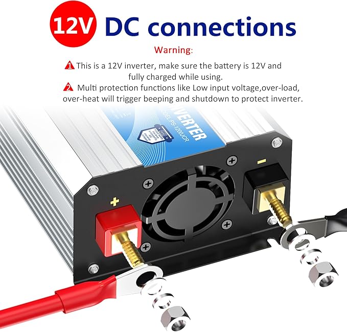 Power Inverter Pure Sine Wave 1200 Watt 12V Dc to 120V Lithium Battery Compatible with UL Fuses and USB-C PD30W and QC 3.0 FastCharger and Wired Remote for RVs Car Solar System Emergency