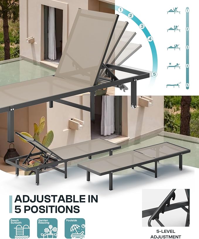 Pool Lounge Chairs Set of 2，Outdoor Lounge Chairs with Wheels and 5-Position Recliner -Easy to Move- Aluminum Patio Lounge Chair for Poolside, Deck (Khaki)