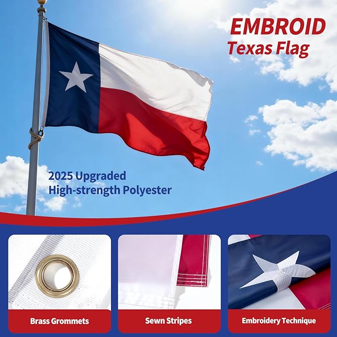 EMBROID Texas State Flag 8x12,Heavy Duty Outdoor Texas Flag,Embroidery Technique,Tear Resistant,Sewn Stripes,Brass Grommets,Upgraded High-strength Polyester Fabric,All Weather Durable State Flags.