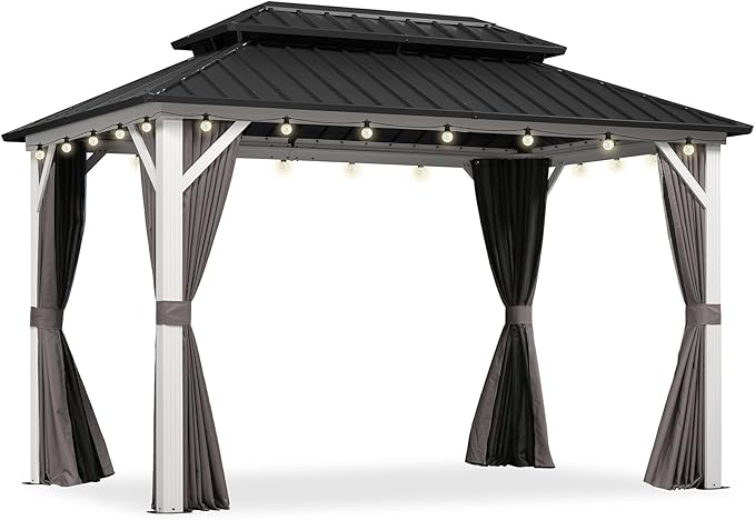 PURPLE LEAF 8' X 12' Outdoor Gazebo Galvanized Steel Double Roof White Aluminum Frame Hardtop Heavy Duty Gazebo with Curtain and Netting for Patio Garden and Backyard, Grey