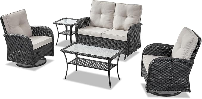 Belord 5 Piece Outdoor Patio Furniture Set with Deep Seating Swivel Rocker Chairs Loveseat and Rattan Coffee Table Outdoor Conversation Sets for Deck Backyard Poolside,Black Wicker/Beige Cushion